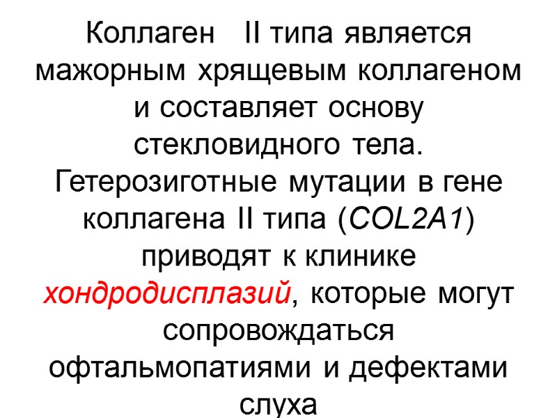 Коллаген   II типа является мажорным хрящевым коллагеном и составляет основу стекловидного тела.